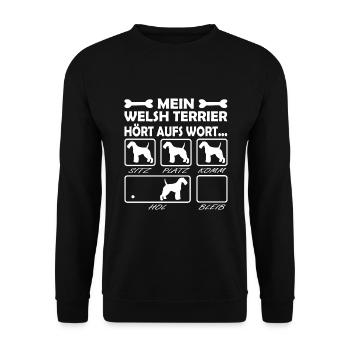 Welsh Terrier Hört aufs Wort Spruch Lustig - Unisex Pullover - Schwarz - Vorne - Alina (178cm) & Michal (187cm)