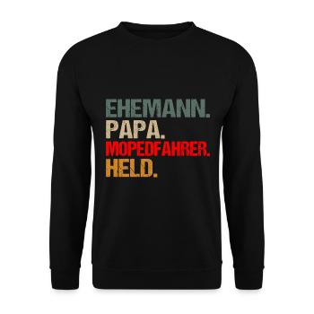 Moped Mopedfahrer Papa Ehemann Held Spruch Retro - Unisex Pullover - Schwarz - Vorne - Alina (178cm) & Michal (187cm)