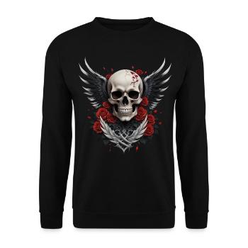 Geflügelter Totenkopf & rote Rosen, Gothic, Totenkopf - Unisex Pullover - Schwarz - Vorne - Alina (178cm) & Michal (187cm)