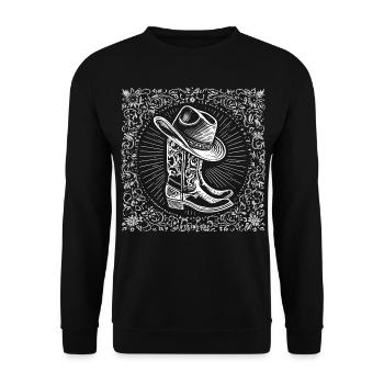 Cowboy Stiefel mit Hut und Western Ornamenten - Unisex Pullover - Schwarz - Vorne - Alina (178cm) & Michal (187cm)