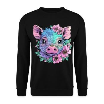 Niedliches Pastell Schwein mit Blumen - Unisex Pullover - Schwarz - Vorne - Alina (178cm) & Michal (187cm)