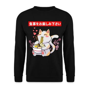 Niedliche Katze, die eine Schüssel Ramen isst - Unisex Pullover - Schwarz - Vorne - Alina (178cm) & Michal (187cm)