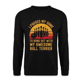 Bowling und Bullterrier - Unisex Pullover - Schwarz - Vorne - Alina (178cm) & Michal (187cm)