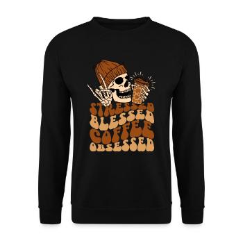 Kaffee und Totenkopf - Unisex Pullover - Schwarz - Vorne - Alina (178cm) & Michal (187cm)