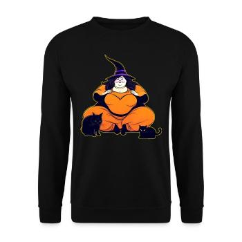 Niedliche dicke Hexe mit schwarzer Katze beim Joga - Unisex Pullover - Schwarz - Vorne - Alina (178cm) & Michal (187cm)