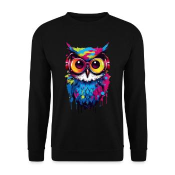 Bunte Eule mit Kopfhörer - Unisex Pullover - Schwarz - Vorne - Alina (178cm) & Michal (187cm)