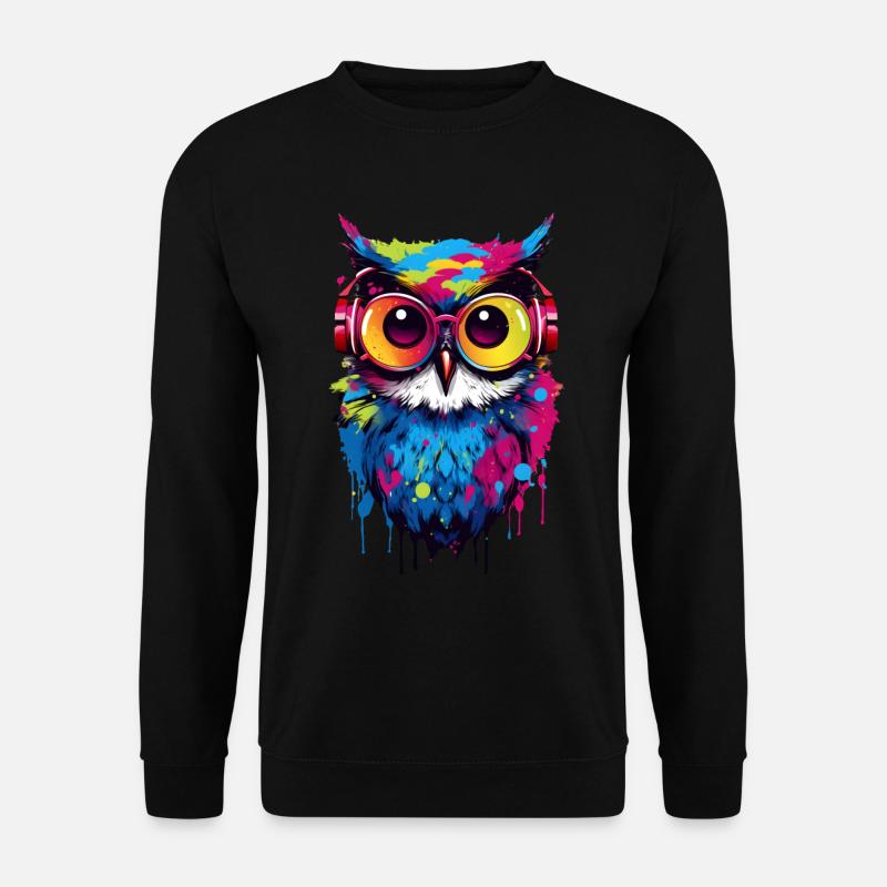 Bunte Eule mit Kopfhörer - Unisex Pullover - Schwarz