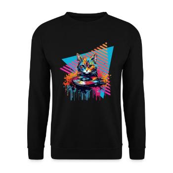 Katze Vinyl Schallplatte 80er Jahre Stil - Unisex Pullover - Schwarz - Vorne - Alina (178cm) & Michal (187cm)