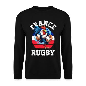 Rugby Frankreich 2023 Hahn Rugbyball Spieler Fan - Unisex Pullover - Schwarz - Vorne - Alina (178cm) & Michal (187cm)