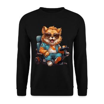 Patrick der wilde gut gelaunte Löwe im Rollstuhl. - Unisex Pullover - Schwarz - Vorne - Alina (178cm) & Michal (187cm)
