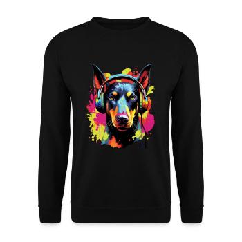 Colorful Doberman with headphones - Unisex Sweatshirt - black - Front - Alina (178cm) & Michal (187cm)