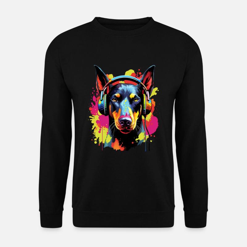 Bunter Dobermann mit Kopfhörer - Unisex Pullover - Schwarz