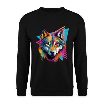 Bunter Wolf Farbspritzer Farbkleckse - Unisex Pullover - Schwarz - Vorne - Alina (178cm) & Michal (187cm)