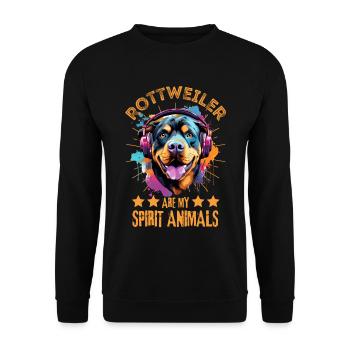Bunter Rottweiler mit Kopfhörer - Unisex Pullover - Schwarz - Vorne - Alina (178cm) & Michal (187cm)