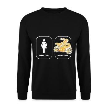 Lustiger Spruch Meine Deine Frau Motorrad Fahren - Unisex Pullover - Schwarz - Vorne - Alina (178cm) & Michal (187cm)