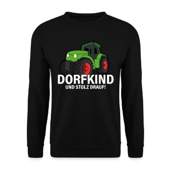 Dorfkind und Stolz drauf Traktor Spruch - Unisex Pullover - Schwarz - Vorne - Alina (178cm) & Michal (187cm)
