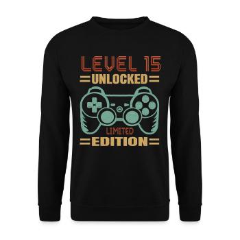 Geburtstag Level 15 freigeschaltet - Unisex Pullover - Schwarz - Vorne - Alina (178cm) & Michal (187cm)