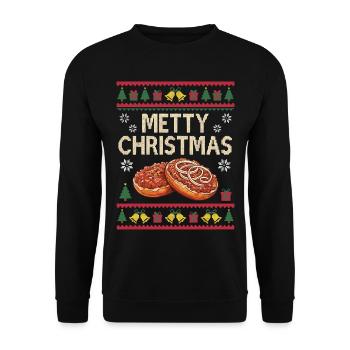 Lustiges Mett Weihnachten Geschenk Mettbrötchen - Unisex Pullover - Schwarz - Vorne - Alina (178cm) & Michal (187cm)