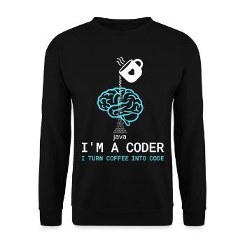 Coder T-Shirt: Coffee into Code – Nerdy Programmie - Unisex Sweatshirt - black - Front - Alina (178cm) & Michal (187cm)
