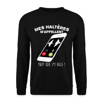 Sport Haltères et Téléphone Humour Homme - Sweat-shirt Unisexe - noir - Devant - Alina (178cm) & Michal (187cm)