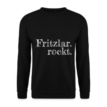 Fritzlar rockt - Textdesign mit Stadtnamen - Unisex Pullover - Schwarz - Vorne - Alina (178cm) & Michal (187cm)