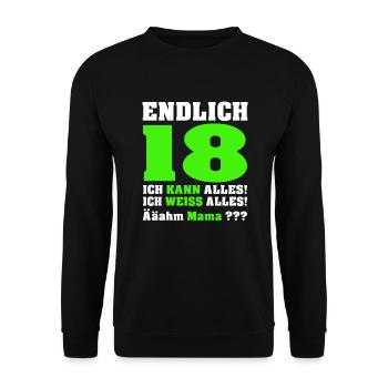 Endlich 18 Sprüche Geschenkidee zum Geburtstag - Unisex Pullover - Schwarz - Vorne - Alina (178cm) & Michal (187cm)