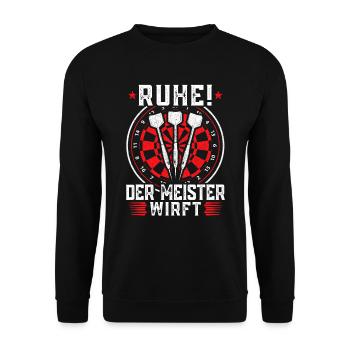 Dart - Ruhe der Meister wirft Sprüche Dartspieler - Unisex Pullover - Schwarz - Vorne - Alina (178cm) & Michal (187cm)