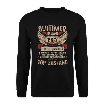 Oldtimer Baujahr 1982 Geboren Jahrgang Geburtstag - Unisex Pullover - Schwarz - Vorne - Alina (178cm) & Michal (187cm)