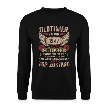 Oldtimer Baujahr 1947 Geboren Jahrgang Geburtstag - Unisex Pullover - Schwarz - Vorne - Alina (178cm) & Michal (187cm)