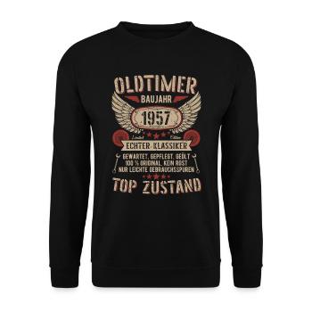 Oldtimer Baujahr 1957 Geboren Jahrgang Geburtstag - Unisex Pullover - Schwarz - Vorne - Alina (178cm) & Michal (187cm)