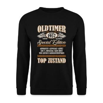 Oldtimer Baujahr 1957 Geboren Jahrgang Geburtstag - Unisex Pullover - Schwarz - Vorne - Alina (178cm) & Michal (187cm)