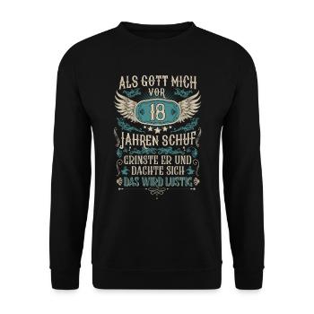 Als Gott mich vor 18 Jahren schuf 18. Geburtstag - Unisex Pullover - Schwarz - Vorne - Alina (178cm) & Michal (187cm)