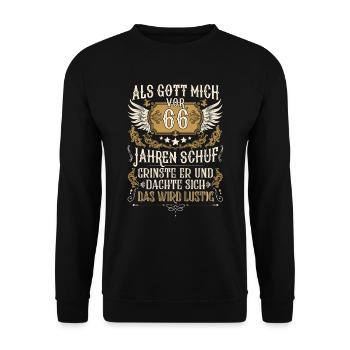 Als Gott mich vor 66 Jahren schuf 66. Geburtstag - Unisex Pullover - Schwarz - Vorne - Alina (178cm) & Michal (187cm)