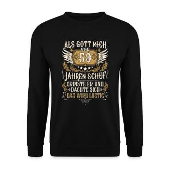 Als Gott mich vor 50 Jahren schuf 50. Geburtstag - Unisex Pullover - Schwarz - Vorne - Alina (178cm) & Michal (187cm)