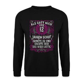 Als Gott mich vor 12 Jahren schuf 12. Geburtstag - Unisex Pullover - Schwarz - Vorne - Alina (178cm) & Michal (187cm)