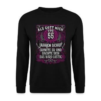 Als Gott mich vor 55 Jahren schuf 55. Geburtstag - Unisex Pullover - Schwarz - Vorne - Alina (178cm) & Michal (187cm)