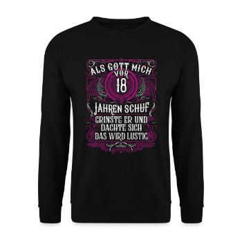 Als Gott mich vor 18 Jahren schuf 18. Geburtstag - Unisex Pullover - Schwarz - Vorne - Alina (178cm) & Michal (187cm)