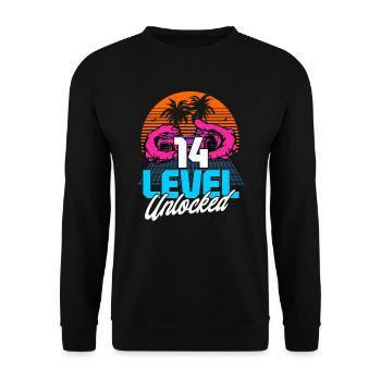 Level 14 Unlocked 14th Birthday Gamer 80s retro - Unisex Sweatshirt - black - Front - Alina (178cm) & Michal (187cm)