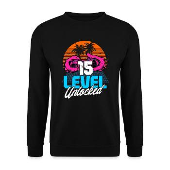 Level 15 Unlocked 15th Birthday Gamer 80s retro - Unisex Sweatshirt - black - Front - Alina (178cm) & Michal (187cm)