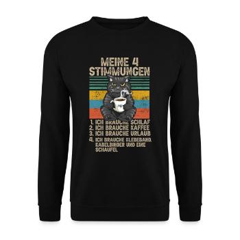 4 Stimmungen Katze Lustige Sprüche Kaffee - Unisex Pullover - Schwarz - Vorne - Alina (178cm) & Michal (187cm)