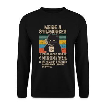 4 Stimmungen Katze Lustige Sprüche Kaffee - Unisex Pullover - Schwarz - Vorne - Alina (178cm) & Michal (187cm)