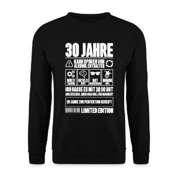30. Geburtstag Männer Frauen Lustig 30 Jahre - Unisex Pullover - Schwarz - Vorne - Alina (178cm) & Michal (187cm)