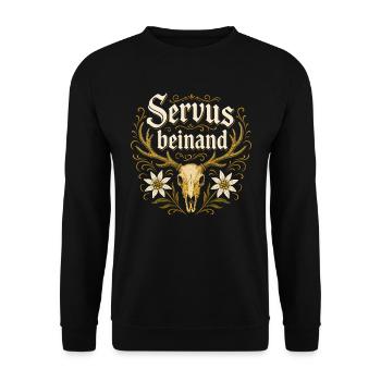 Servus beinand Lederhosn Tracht Bayern Volksfest - Unisex Pullover - Schwarz - Vorne - Alina (178cm) & Michal (187cm)