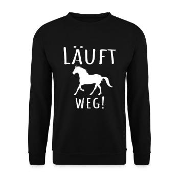 Lustiger Pferdespruch: Läuft weg! Mit Pferd. - Unisex Pullover - Schwarz - Vorne - Alina (178cm) & Michal (187cm)