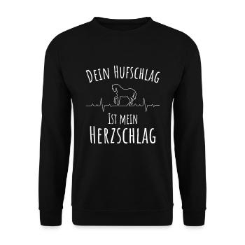 Dein Hufschlag ist mein Herzschlag, Pferdemotiv - Unisex Pullover - Schwarz - Vorne - Alina (178cm) & Michal (187cm)