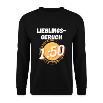 Lieblingsgeruch 1:50 DDR Zweitakt Trabbi Humor - Unisex Pullover - Schwarz - Vorne - Alina (178cm) & Michal (187cm)