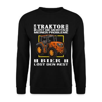traktor ernte bauer fährt trecker trinkt bier - Unisex Pullover - Schwarz - Vorne - Alina (178cm) & Michal (187cm)