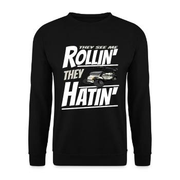 Golfwagen So Rolle Ich Einen Lustigen Golfer - Unisex Pullover - Schwarz - Vorne - Alina (178cm) & Michal (187cm)