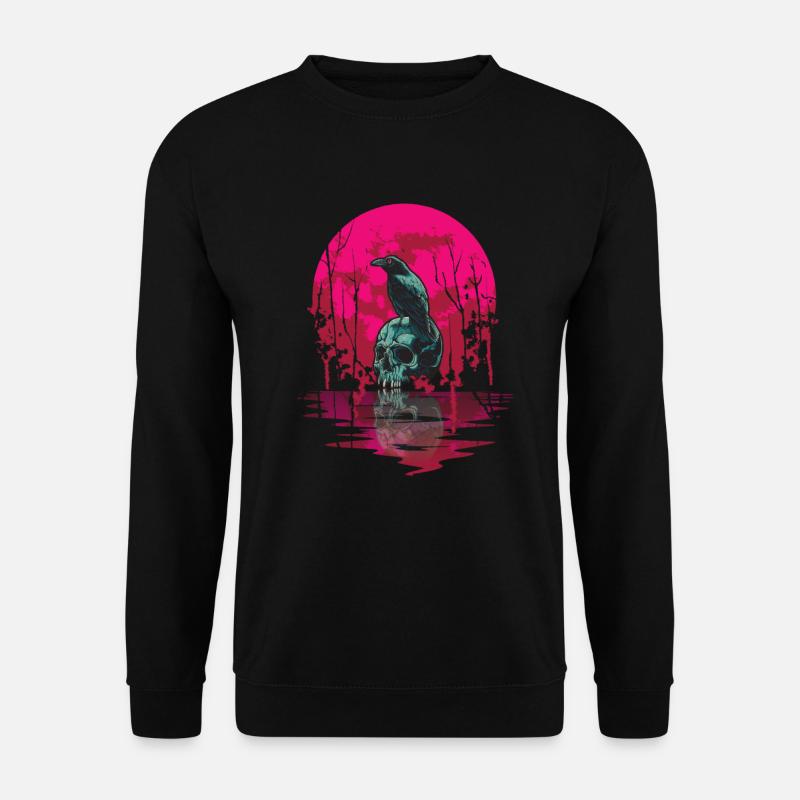 Gotischer Schädel-roter Mond-schwarze Krähe - Unisex Pullover - Schwarz