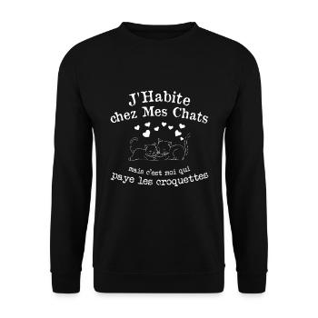 J'habite chez Mes Chats Humour Chat Drôle - Sweat-shirt Unisexe - noir - Devant - Alina (178cm) & Michal (187cm)